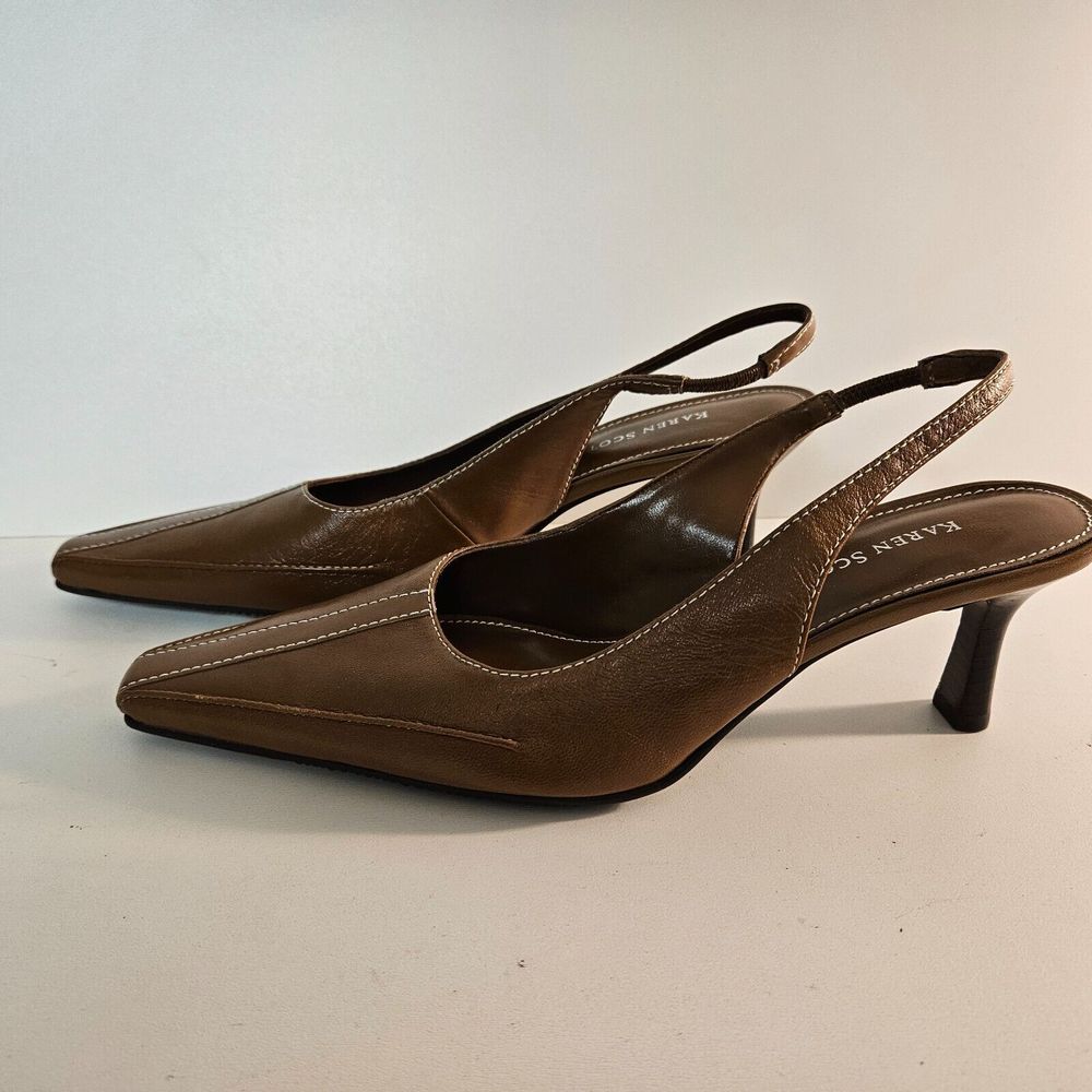 Karen Scott Size 7.5 Majestic Brown Leather Slingback Pointed Toe Pumps